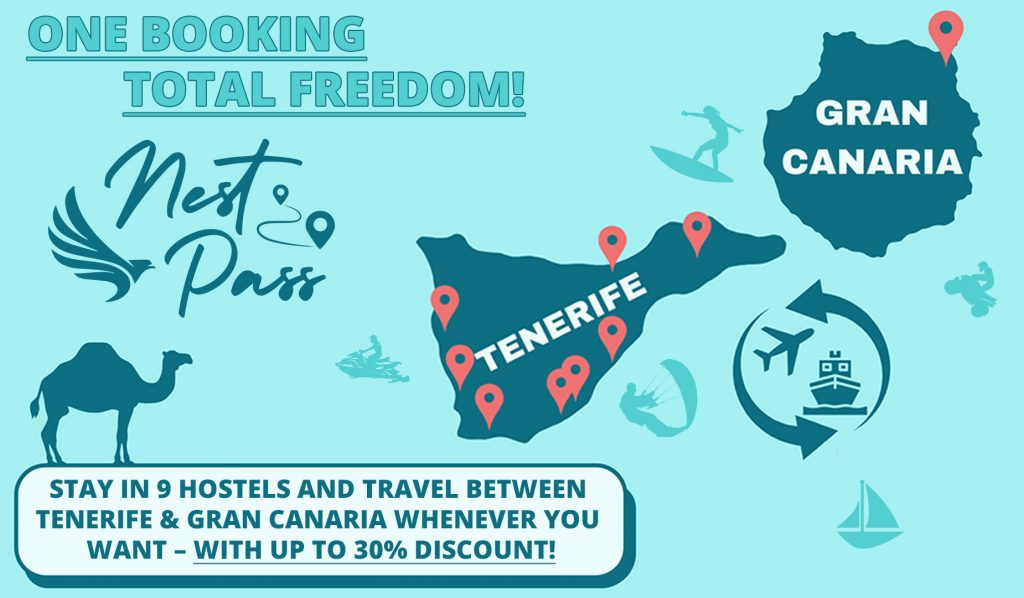 Übernachte in 9 Hostels und reise zwischen Teneriffa & Gran Canaria, wann immer du willst – mit bis zu 30% Rabatt!